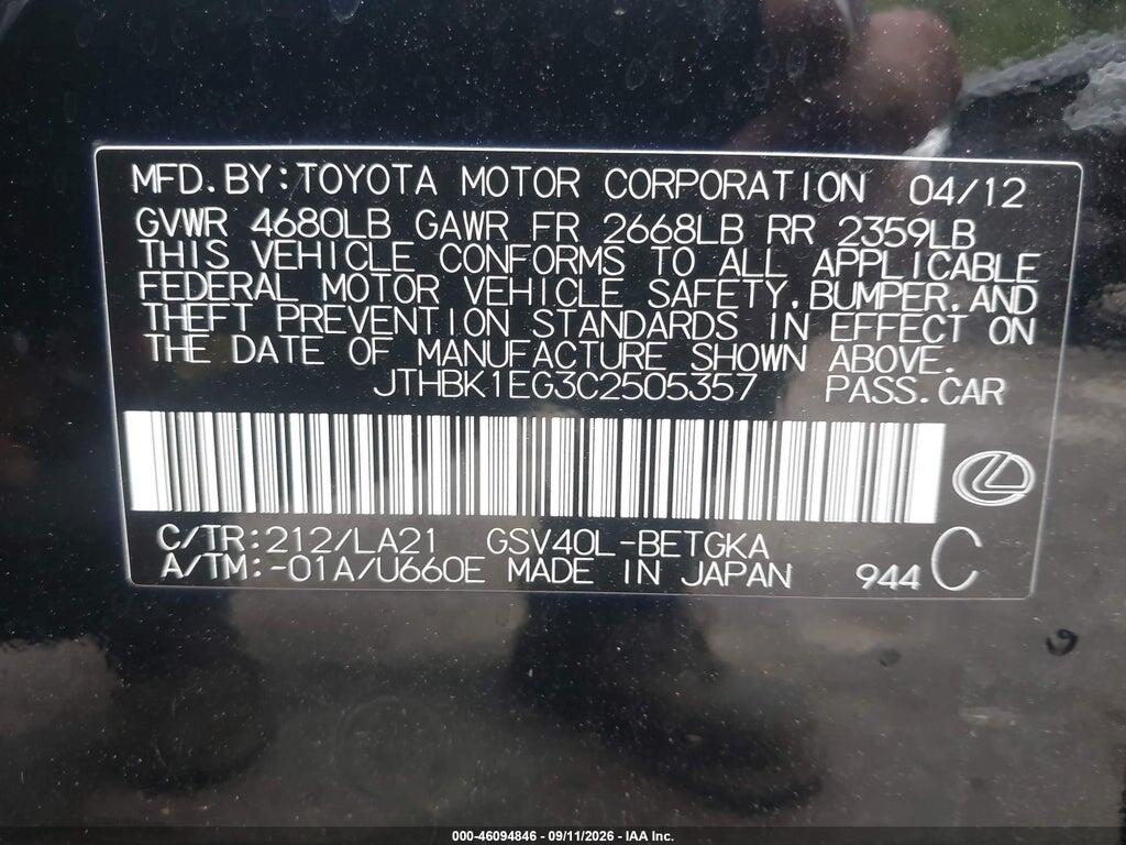 JTHBK1EG3C2505357 2012 LEXUS ES 350 photo no. 9