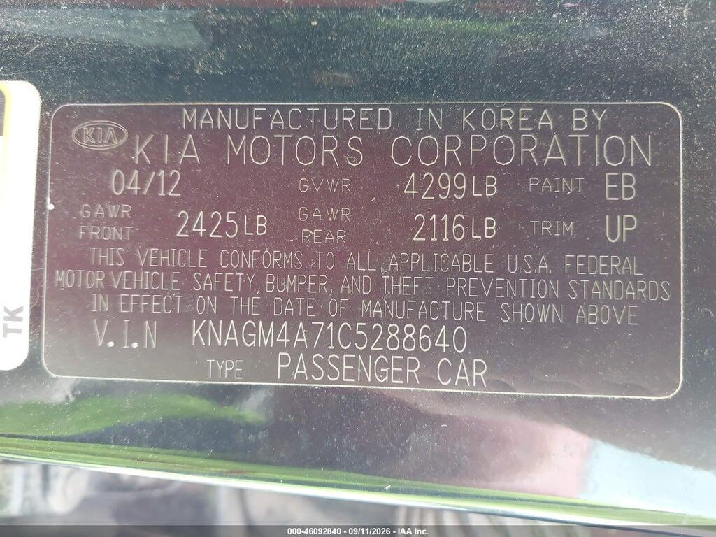 KNAGM4A71C5288640 2012 KIA OPTIMA photo no. 9