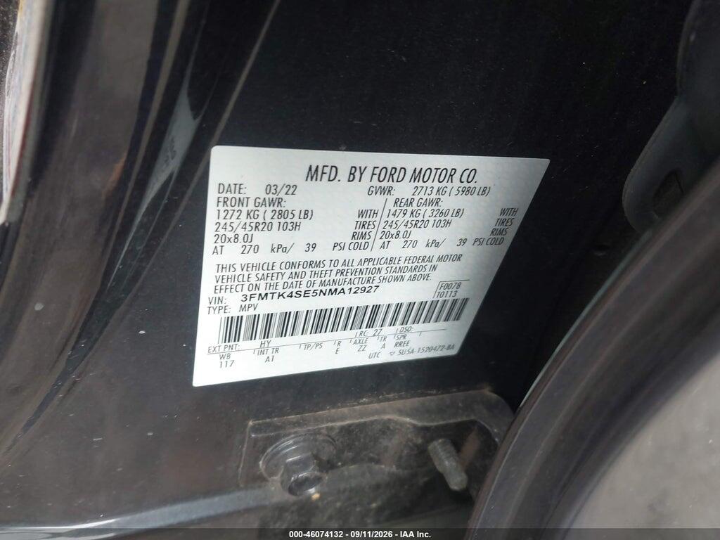 3FMTK4SE5NMA12927 2022 FORD MUSTANG MACH-E photo no. 9