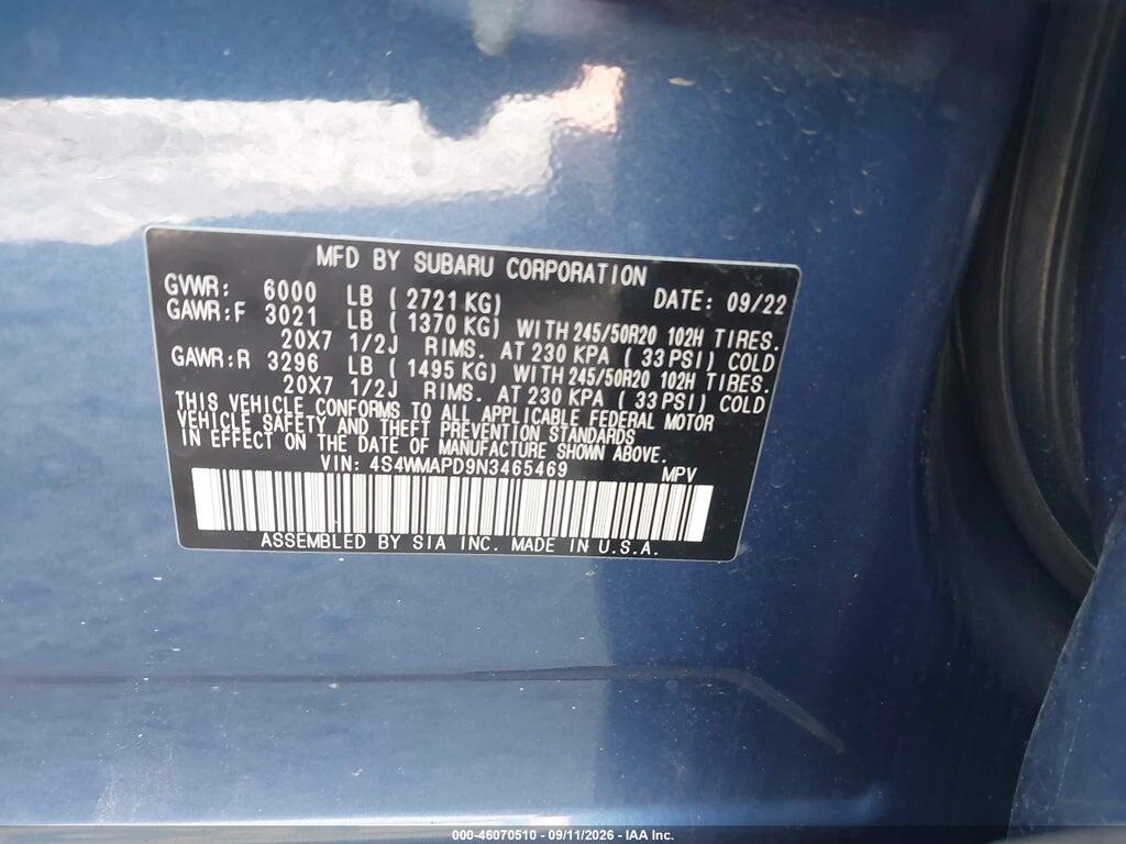 4S4WMAPD9N3465469 2022 SUBARU ASCENT photo no. 9