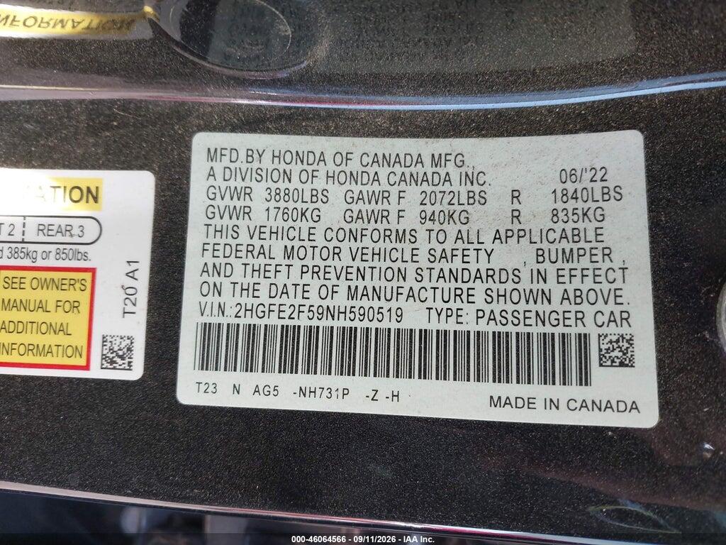 2HGFE2F59NH590519 2022 HONDA CIVIC photo no. 9