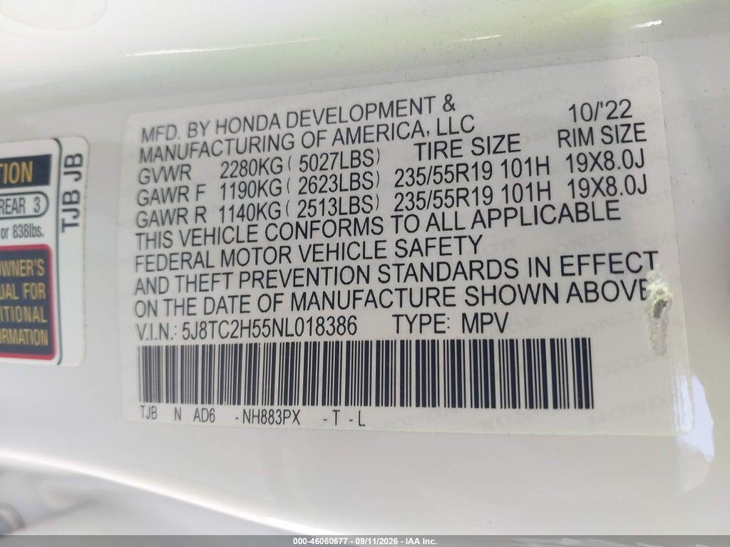 5J8TC2H55NL018386 2022 ACURA RDX photo no. 9