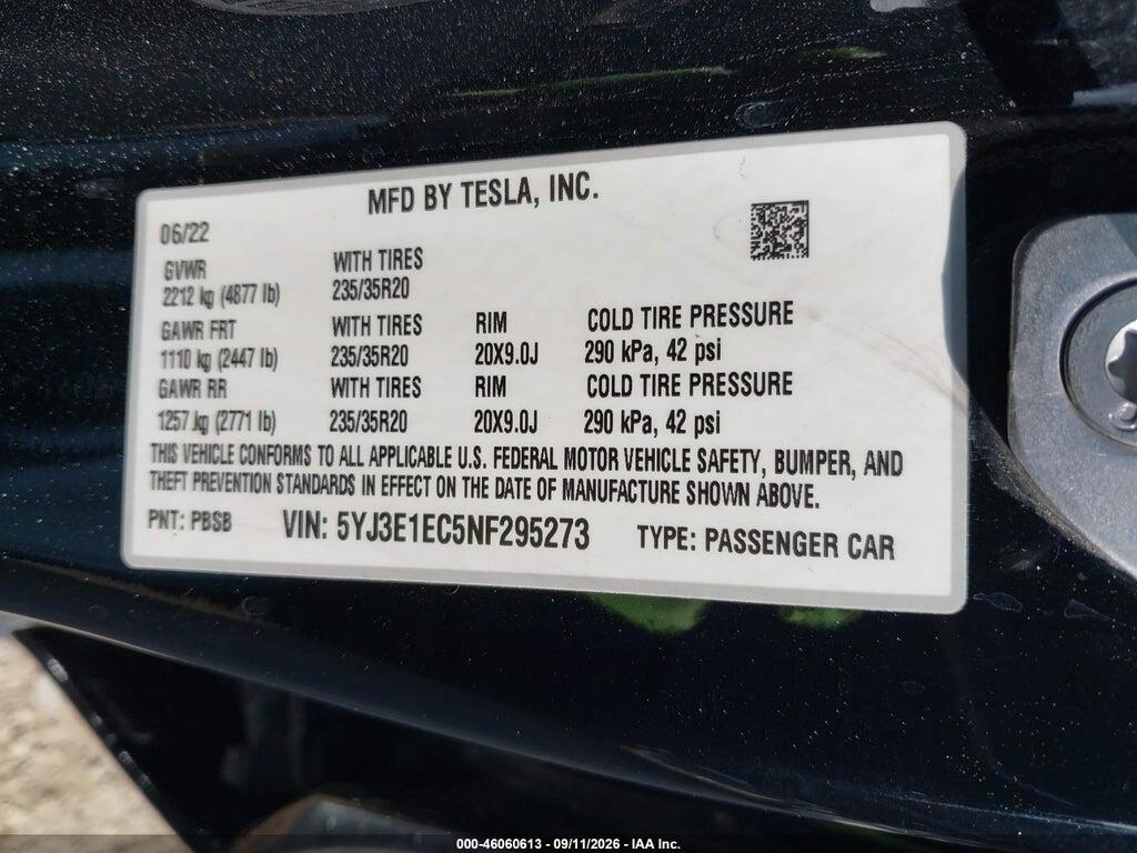 5YJ3E1EC5NF295273 2022 TESLA MODEL 3 photo no. 9