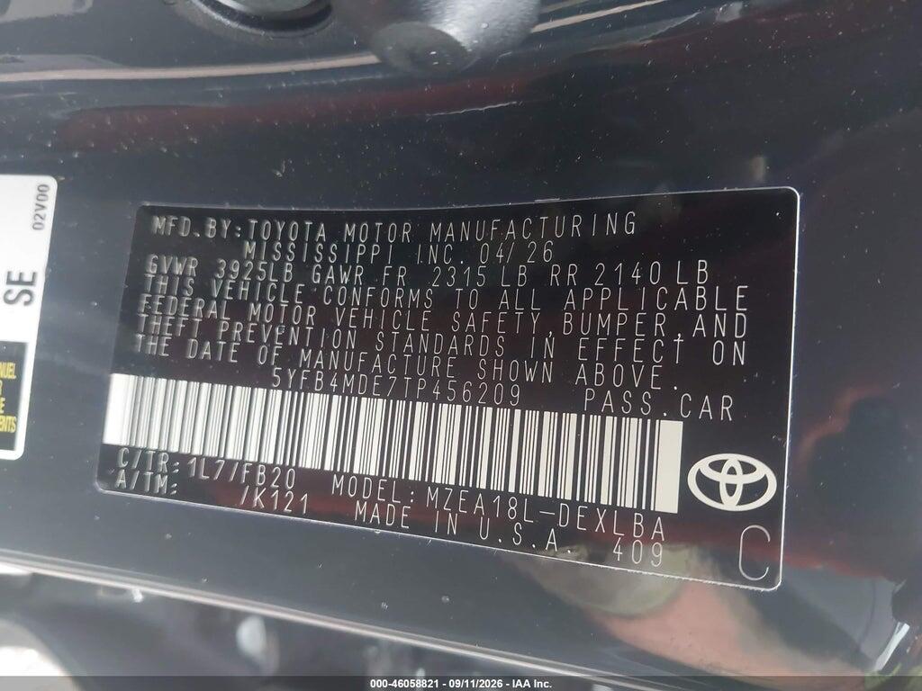 5YFB4MDE7TP456209 2026 TOYOTA COROLLA photo no. 9