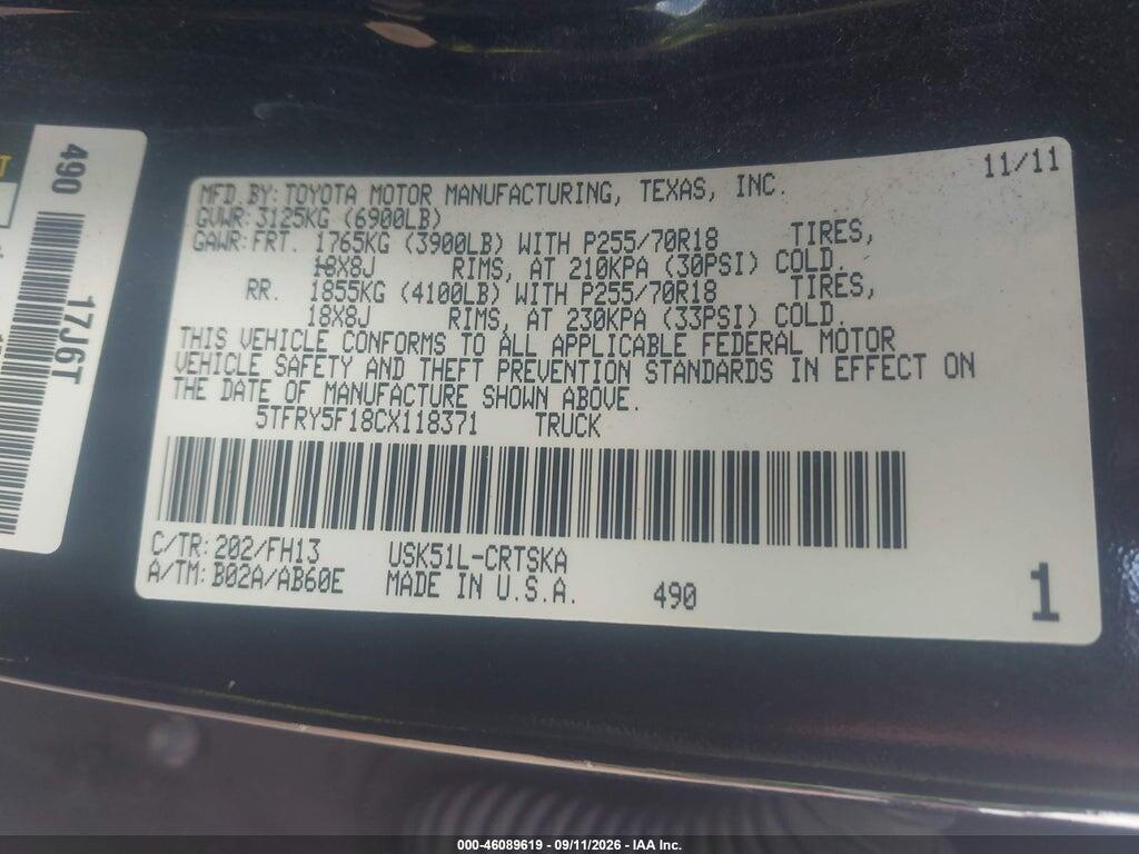 5TFRY5F18CX118371 2012 TOYOTA TUNDRA photo no. 9