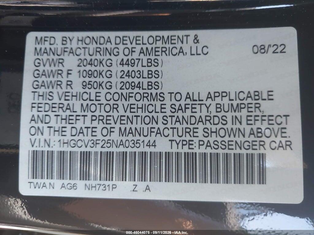 1HGCV3F25NA035144 2022 HONDA ACCORD HYBRID photo no. 9