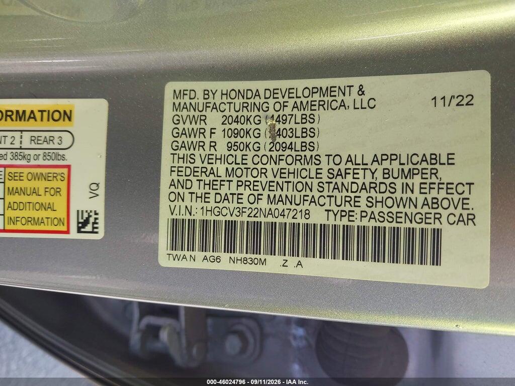 1HGCV3F22NA047218 2022 HONDA ACCORD HYBRID photo no. 9