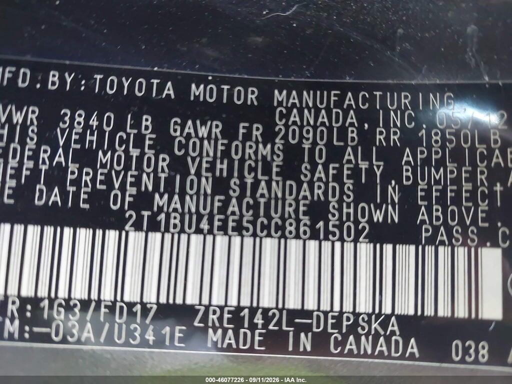 2T1BU4EE5CC861502 2012 TOYOTA COROLLA photo no. 9