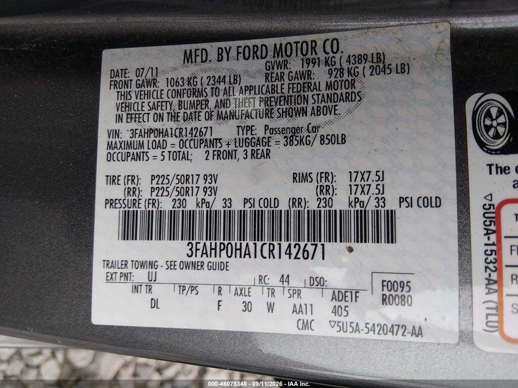 3FAHP0HA1CR142671 2012 FORD FUSION photo no. 9