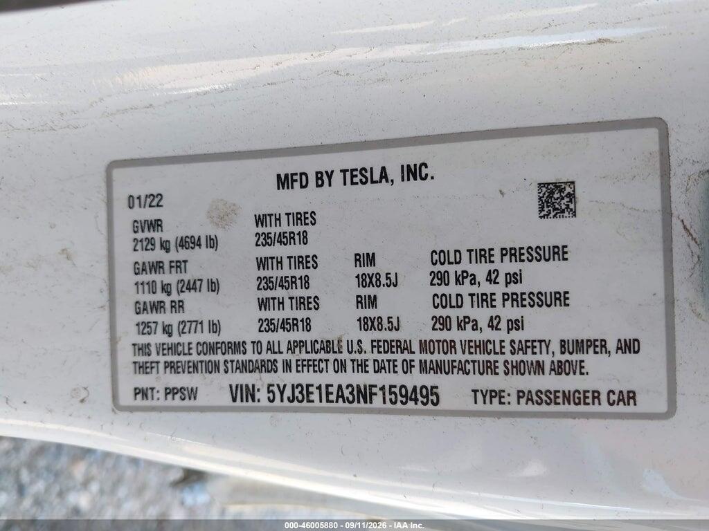5YJ3E1EA3NF159495 2022 TESLA MODEL 3 photo no. 9