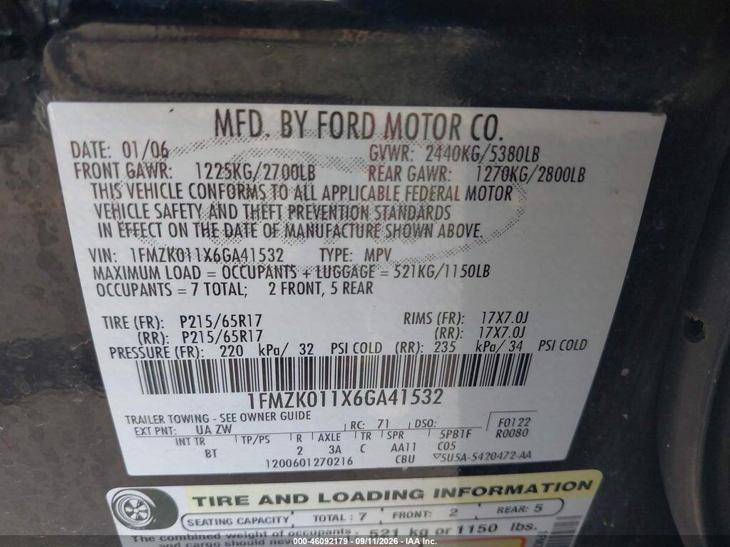1FMZK011X6GA41532 2006 FORD FREESTYLE photo no. 9