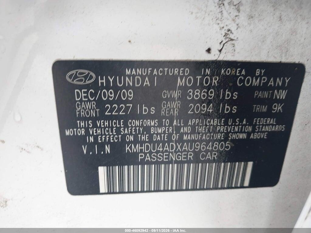 KMHDU4ADXAU964805 2010 HYUNDAI ELANTRA photo no. 9