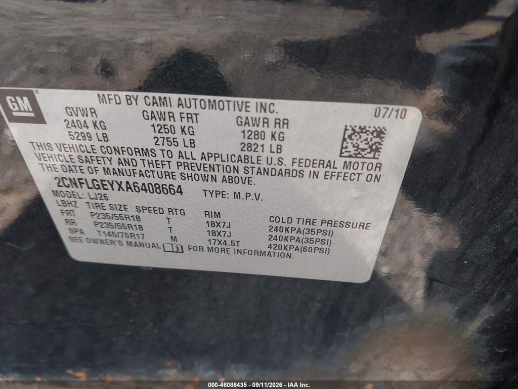 2CNFLGEYXA6408664 2010 CHEVROLET EQUINOX photo no. 9