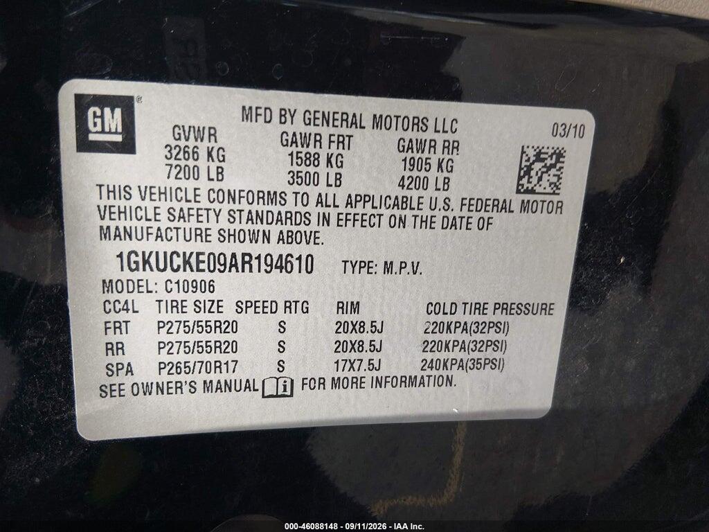 1GKUCKE09AR194610 2010 GMC YUKON XL 1500 photo no. 9