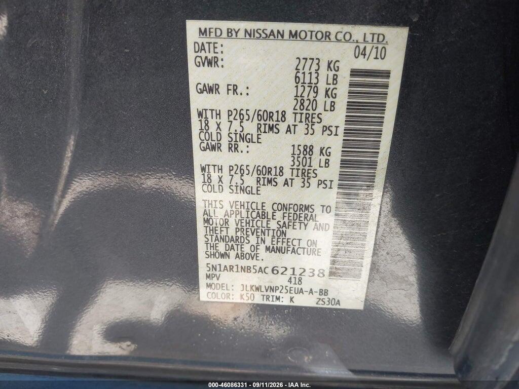 5N1AR1NB5AC621238 2010 NISSAN PATHFINDER photo no. 9