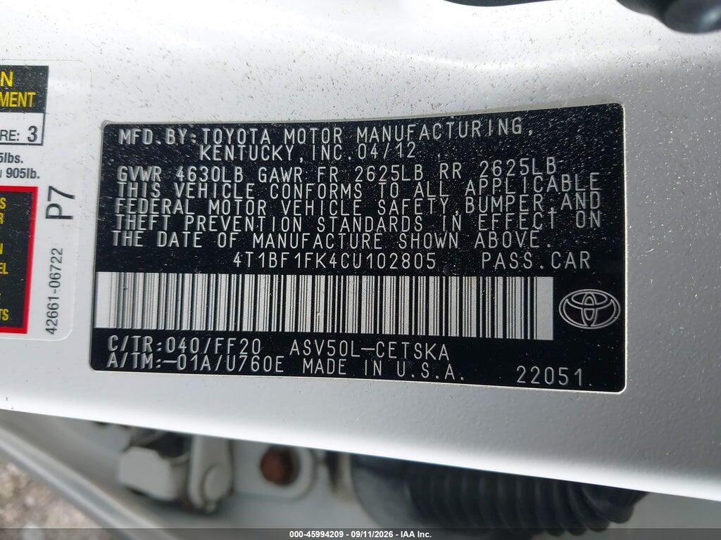 4T1BF1FK4CU102805 2012 TOYOTA CAMRY photo no. 9