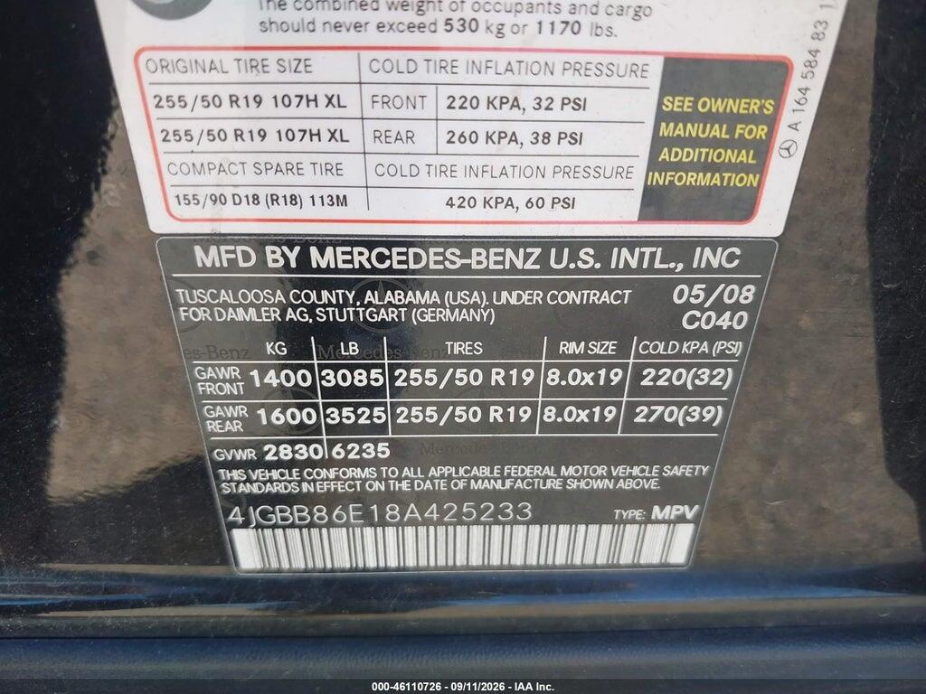 4JGBB86E18A425233 2008 MERCEDES-BENZ ML 350 photo no. 9