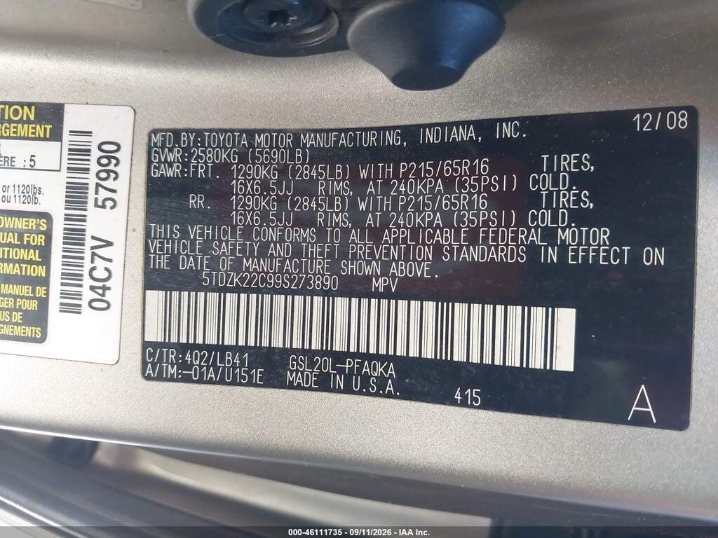 5TDZK22C99S273890 2009 TOYOTA SIENNA photo no. 9