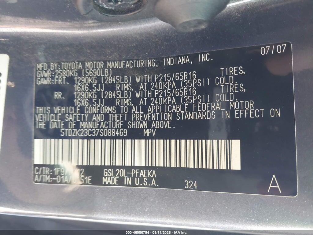 5TDZK23C37S088469 2007 TOYOTA SIENNA photo no. 9