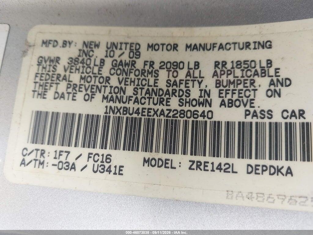 1NXBU4EEXAZ280640 2010 TOYOTA COROLLA photo no. 9