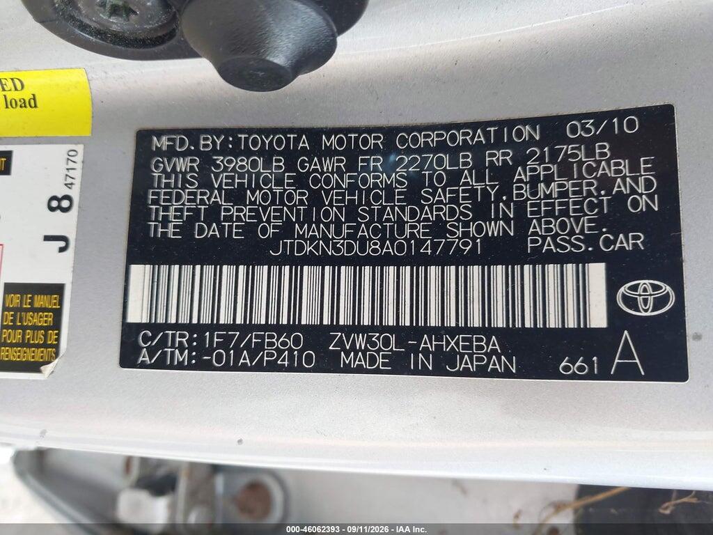 JTDKN3DU8A0147791 2010 TOYOTA PRIUS photo no. 9
