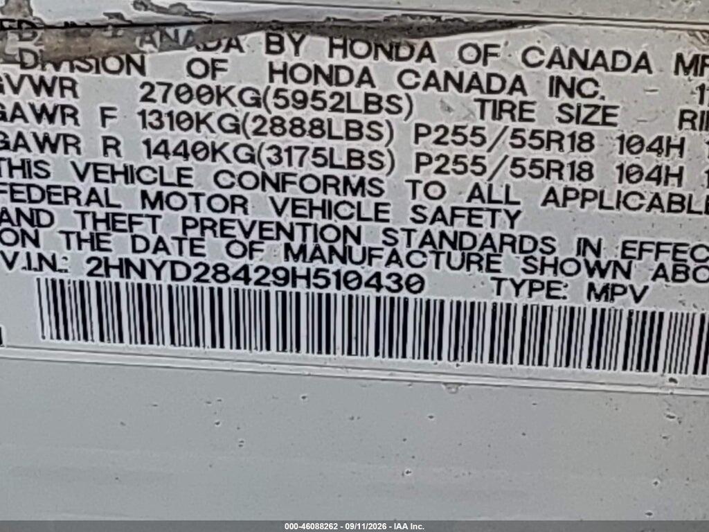 2HNYD28429H510430 2009 ACURA MDX photo no. 9
