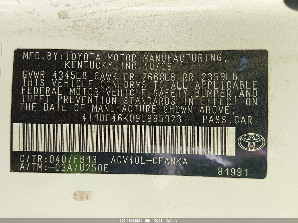 4T1BE46K09U895923 2009 TOYOTA CAMRY photo no. 9