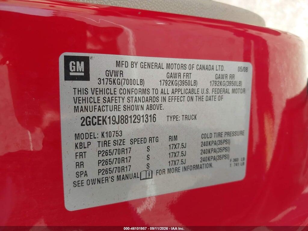 2GCEK19J881291316 2008 CHEVROLET SILVERADO 1500 photo no. 9