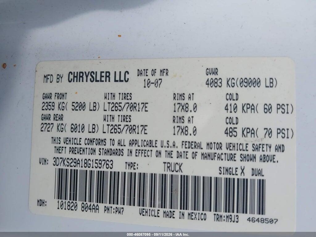 3D7KS29A18G159763 2008 DODGE RAM 2500 photo no. 9
