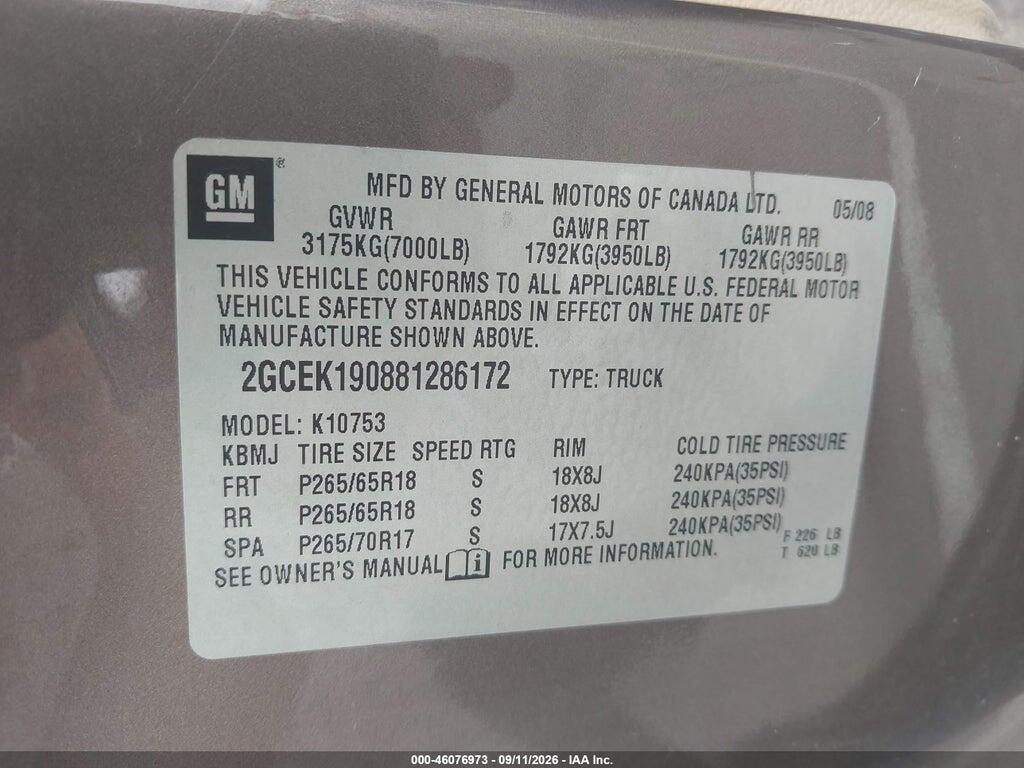 2GCEK190881286172 2008 CHEVROLET SILVERADO 1500 photo no. 9