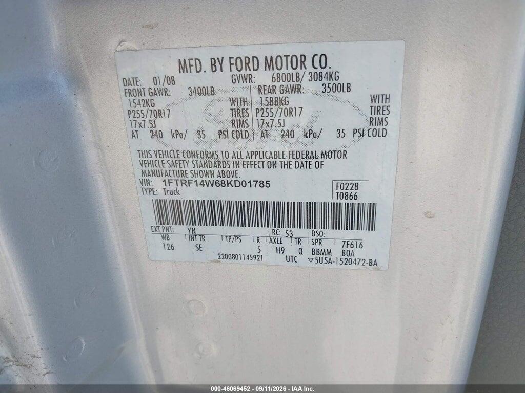 1FTRF14W68KD01785 2008 FORD F-150 photo no. 9