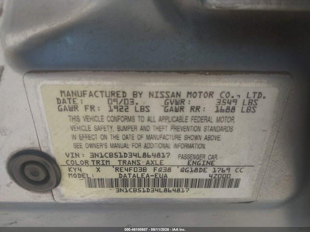 3N1CB51D34L864817 2004 NISSAN SENTRA photo no. 9