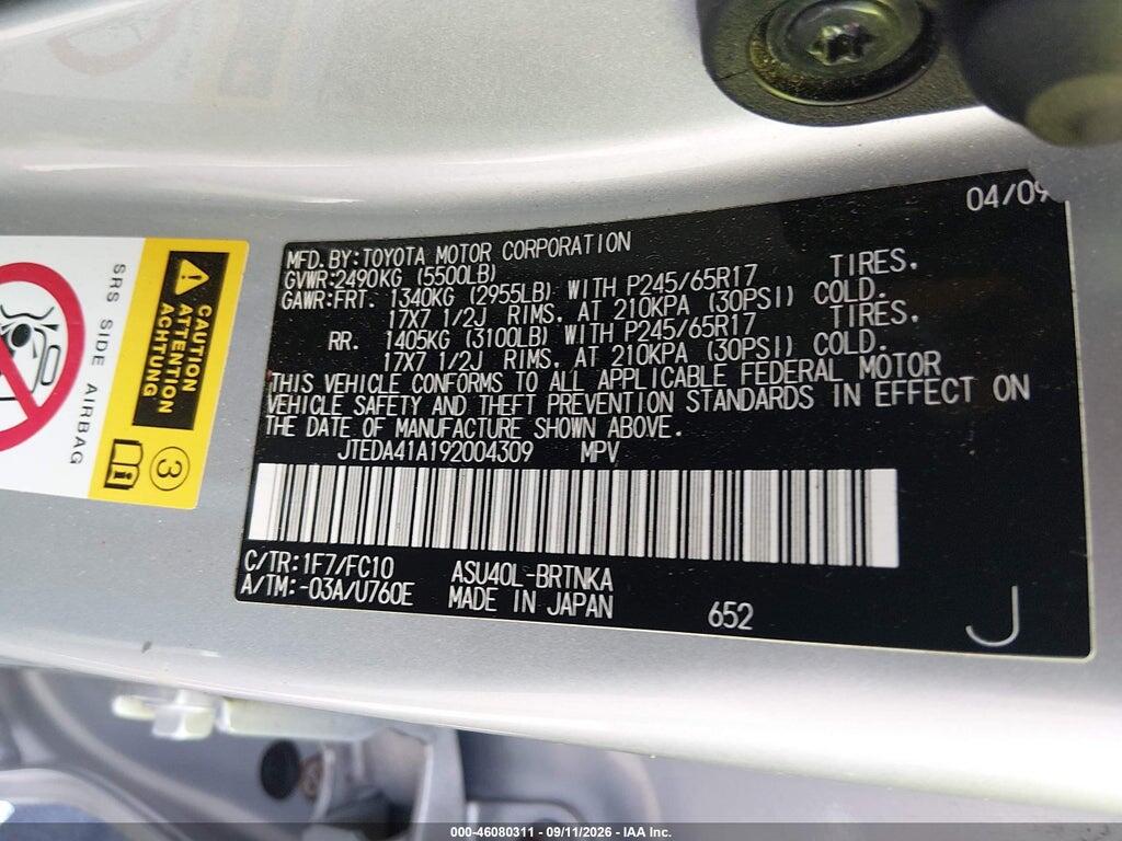 JTEDA41A192004309 2009 TOYOTA HIGHLANDER photo no. 9