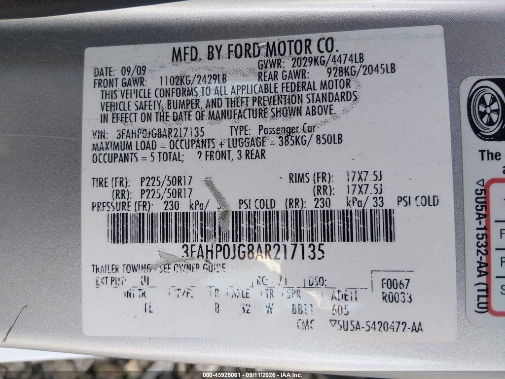 3FAHP0JG8AR217135 2010 FORD FUSION photo no. 9