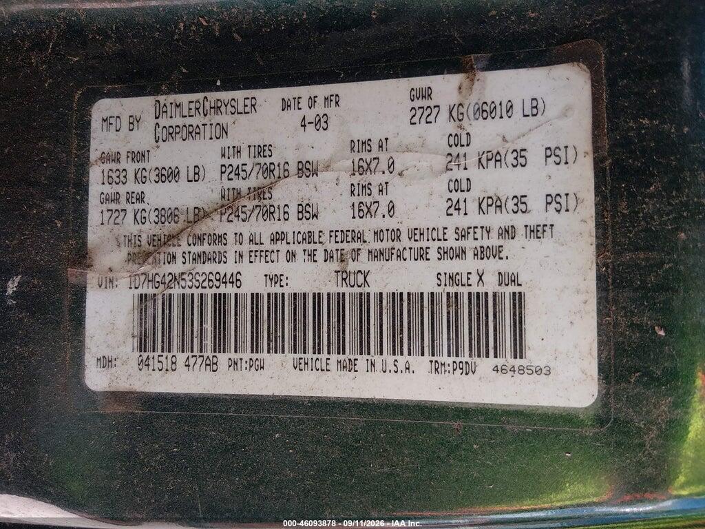 1D7HG42N53S269446 2003 DODGE DAKOTA photo no. 9