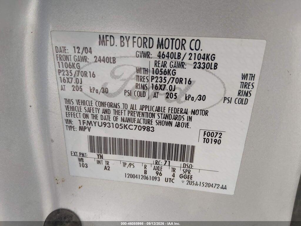 1FMYU93105KC70983 2005 FORD ESCAPE photo no. 9