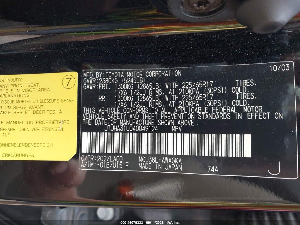 JTJHA31U040049124 2004 LEXUS RX photo no. 9