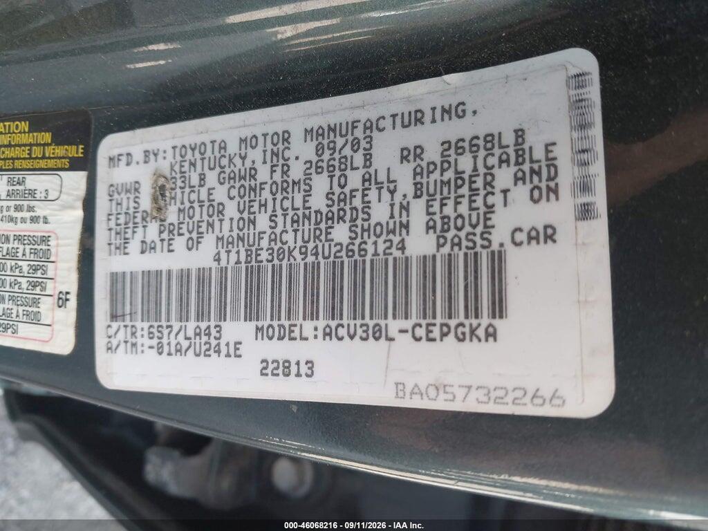4T1BE30K94U266124 2004 TOYOTA CAMRY photo no. 9
