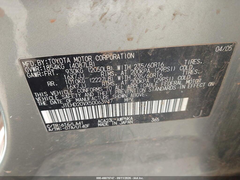 JTEHD20VX50063947 2005 TOYOTA RAV4 photo no. 9