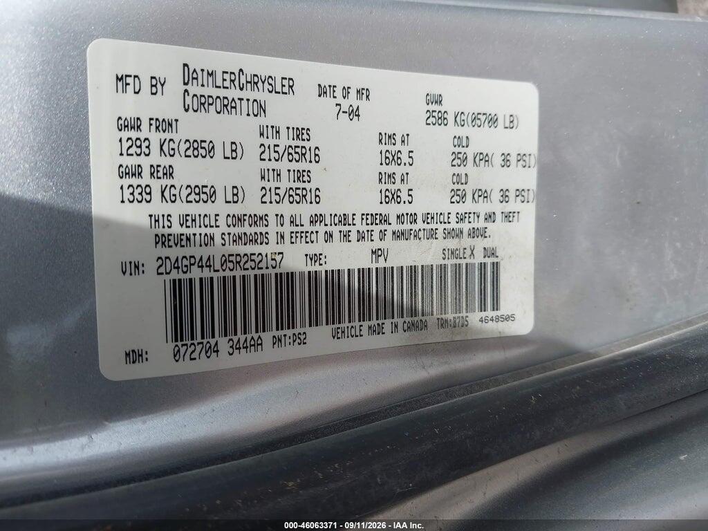 2D4GP44L05R252157 2005 DODGE GRAND CARAVAN photo no. 9