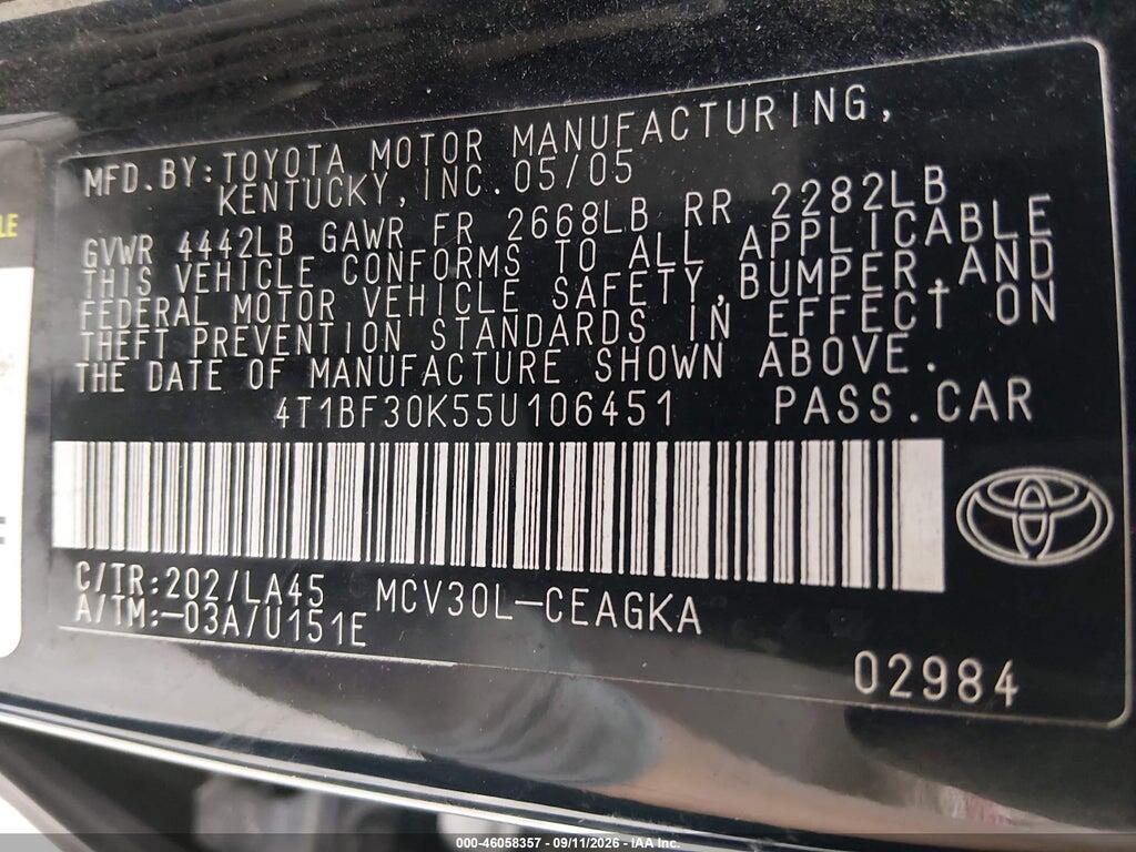 4T1BF30K55U106451 2005 TOYOTA CAMRY photo no. 9