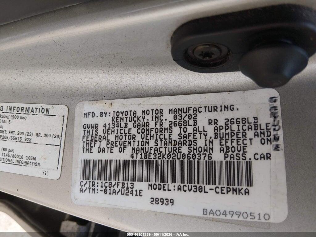 4T1BE32K02U060376 2002 TOYOTA CAMRY photo no. 9