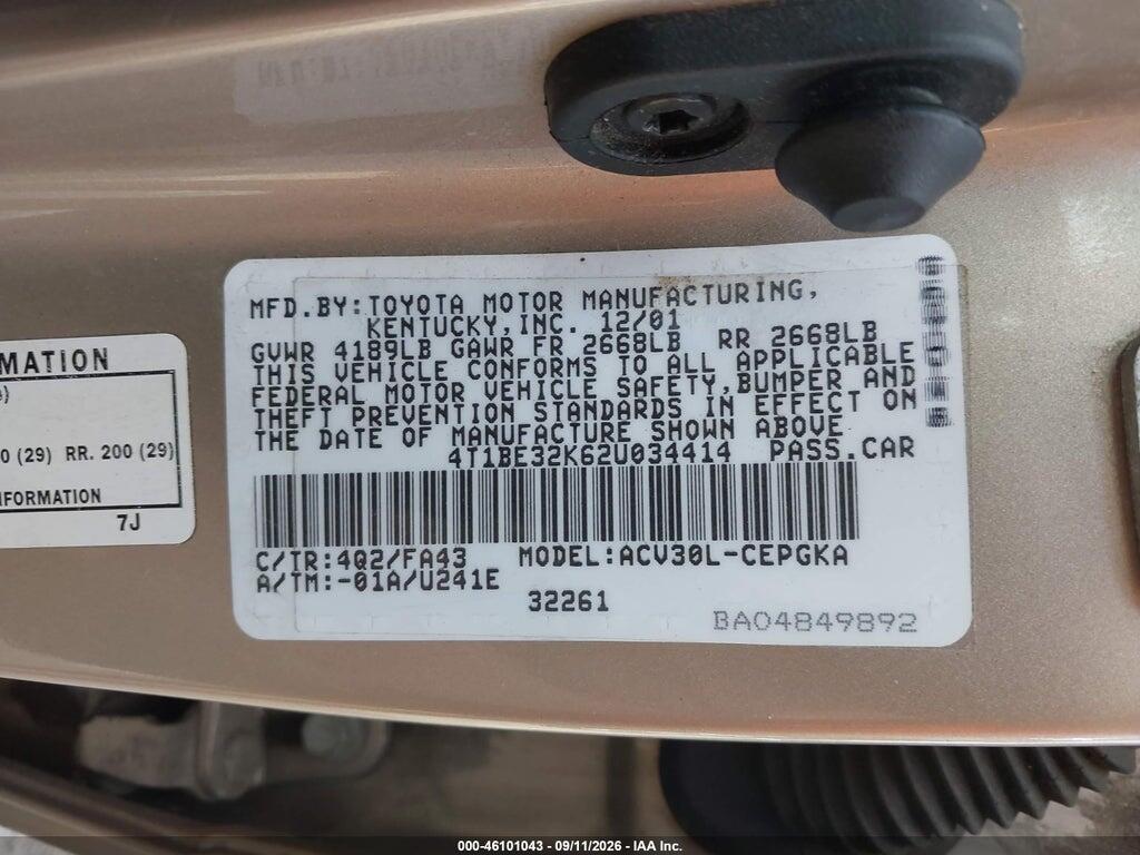 4T1BE32K62U034414 2002 TOYOTA CAMRY photo no. 9