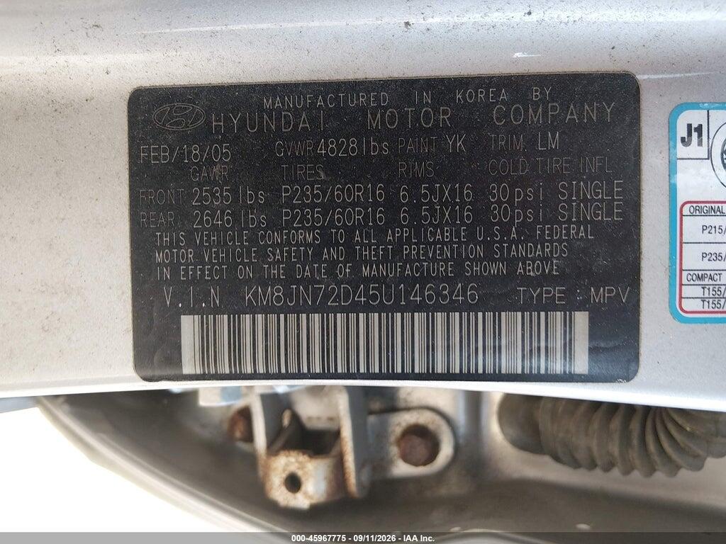KM8JN72D45U146346 2005 HYUNDAI TUCSON photo no. 9