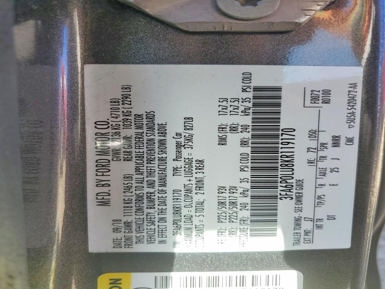 3FA6P0LU8KR119170 2019 FORD FUSION photo no. 12