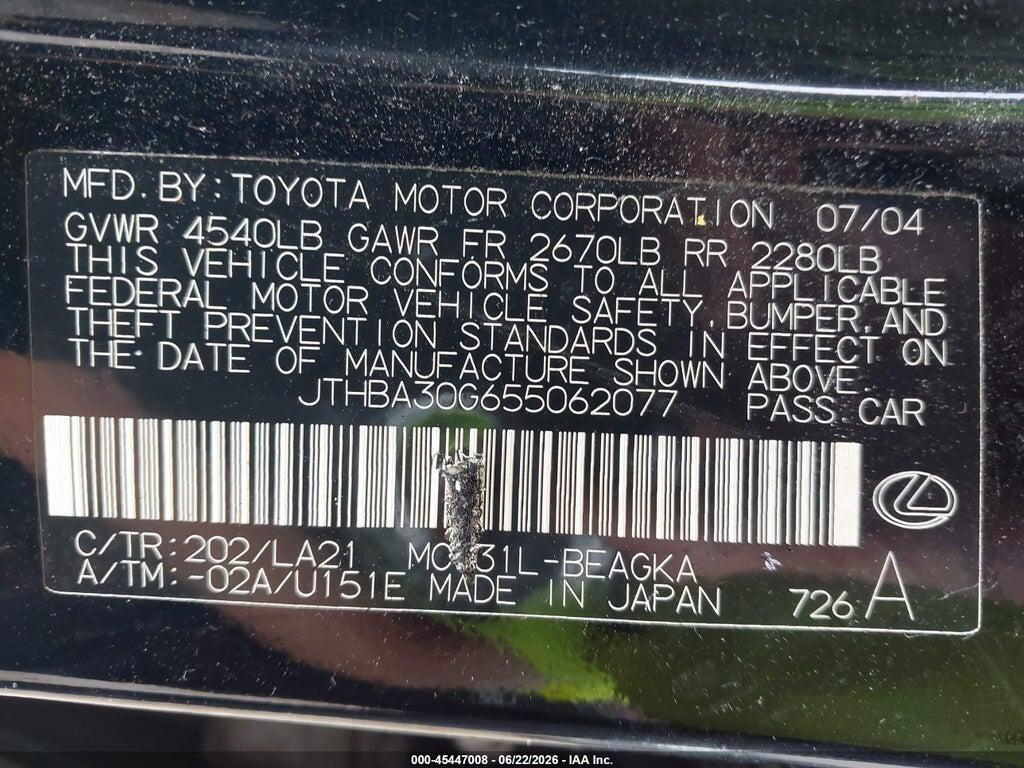 JTHBA30G655062077 2005 LEXUS ES 330 photo no. 9
