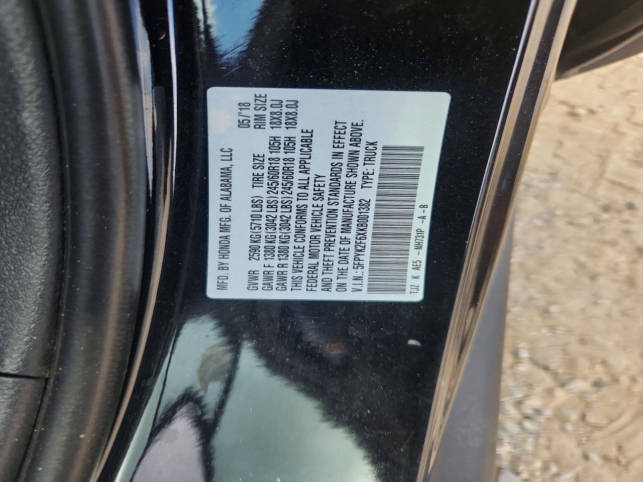 5FPYK2F6XKB001382 2019 HONDA RIDGELINE photo no. 12