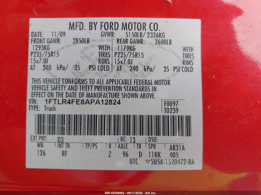 1FTLR4FE8APA12824 2010 FORD RANGER photo no. 9