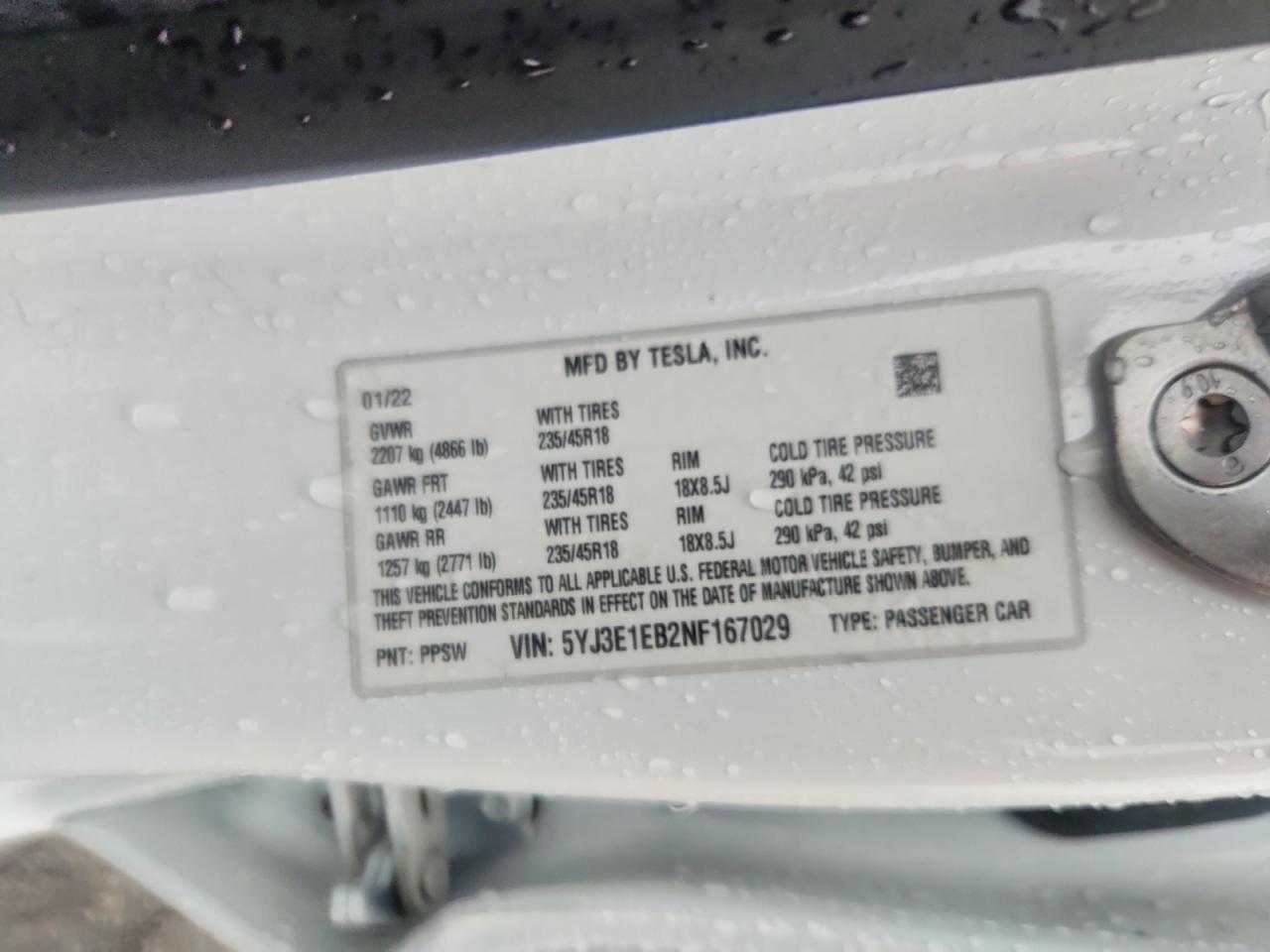 5YJ3E1EB2NF167029 2022 TESLA MODEL 3 photo no. 12