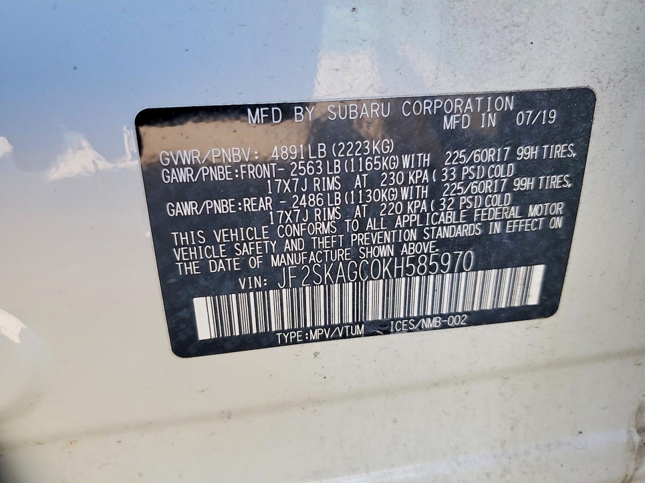 JF2SKAGC0KH585970 2019 SUBARU FORESTER photo no. 12